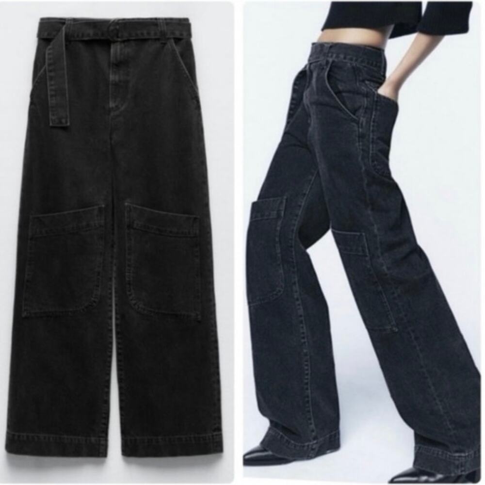 Zara Cargo Utility Belted Denim Jeans High Rise Wide Gray Sz2 belt not included